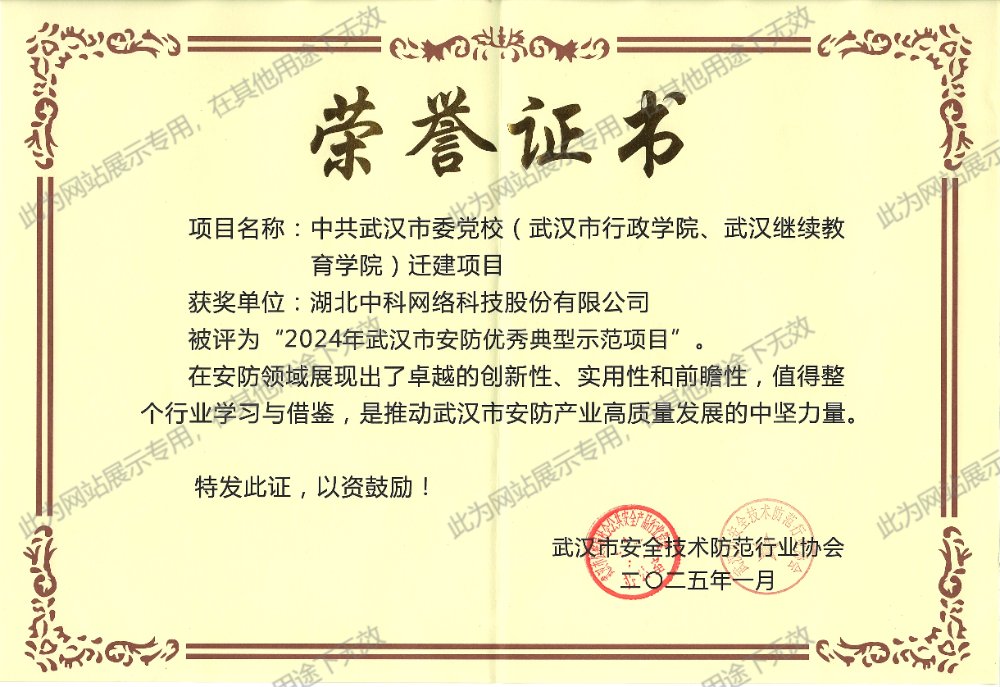 2024年武漢市安防優(yōu)秀典型示范項目榮譽證書